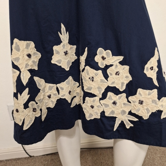 Odille Anthropologie Navy Blue Cream Rice Paper Garden Floral Midi Dress Size 2 - Picture 12 of 13